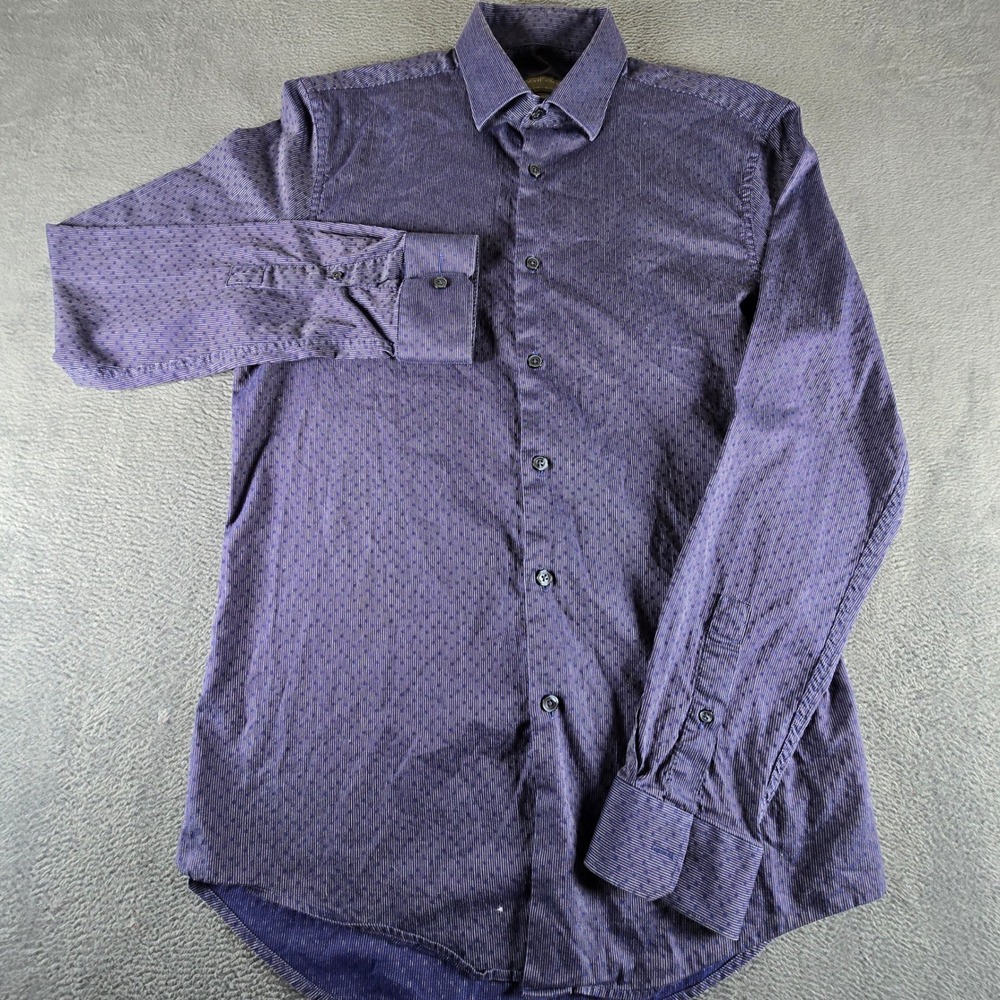 Zara Man Slim Fit Button Down Shirt Navy Blue Polka Dot Micro Stripe Mens Medium
